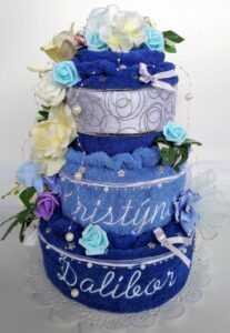 VER Textilní dort třípatrový-modrý s vyšitými jmény novomanželů